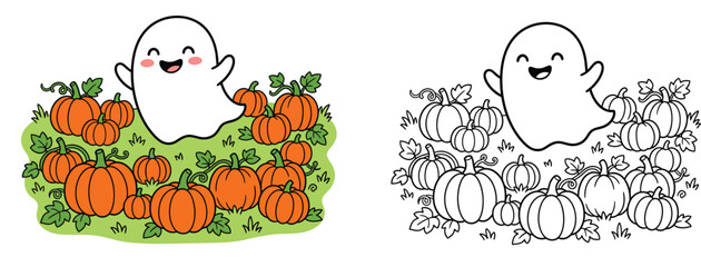 Fototapeta premium Cute Halloween ghost with pumpkins vector illustration and black and white coloring page for kids.
