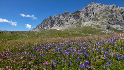 Fototapeta premium Campion bellflower meadow under a clear blue sky