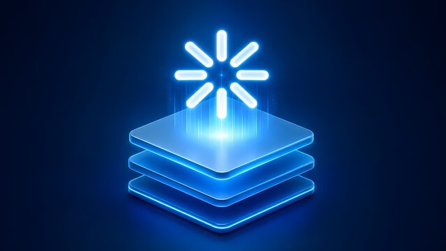 Conceptual 3D design of a glowing blue neon loading icon hovering over stacked digital platforms, illustrating software updates, data processing, and system synchronization.