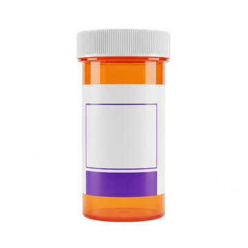 Orange plastic pill bottle with a blank white label isolated on transparent background