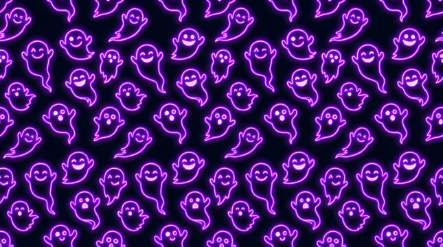 Seamless pattern with cute neon purple ghost characters on a dark black background for halloween party celebration and spooky holiday decorations