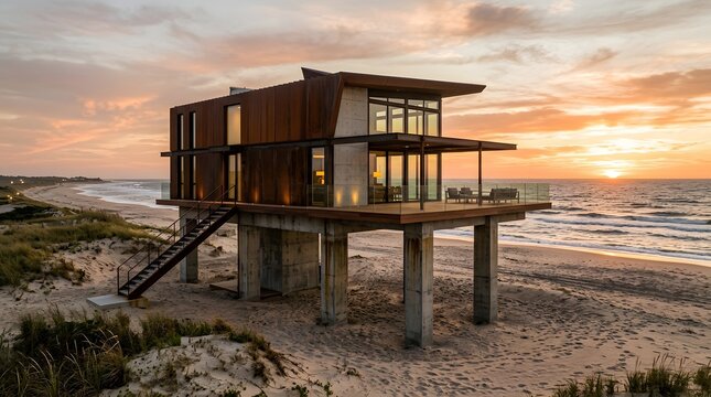 Modern luxury stilt house on the beach during a beautiful orange sunset.