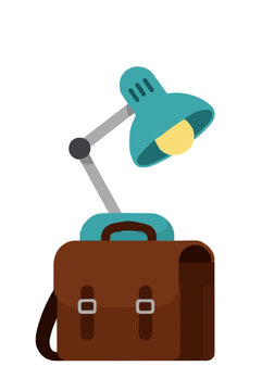 Flat design vector illustration featuring a teal adjustable desk lamp stacked on top of a classic brown leather school bag with silver buckles, perfect for education and study concept icon design