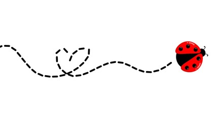 Cartoon ladybug flying with a dashed heart-shaped trail. Flying ladybug with a looping heart trail in the air. Flying beetle with heart shape dotted line for valentine decoration © Stock Arza
