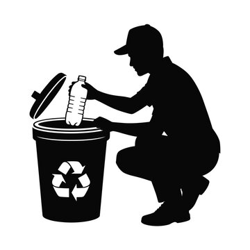 Crouching man disposing plastic bottle into recycling bin with iconic logo graphic design