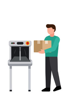 Flat vector illustration of warehouse worker holding cardboard parcel box standing beside industrial X-ray scanner machine for package inspection and security checking in logistics