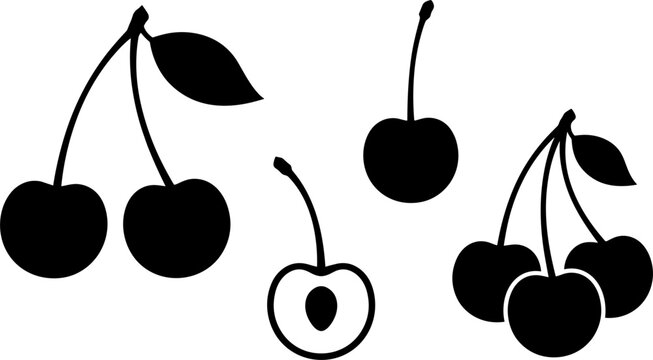 Solid Black Cherry Silhouette Set with Twin Hanging Berries, Single Stem Fruit, Halved Section with Pit, and Triple Leafy Clusters for Food Design
