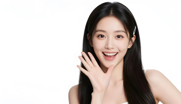 Right Gorgeous Asian model with pale skin, beautiful wide doe eyes, petite nose and full lips, long silky black hair swept to one side with a minimalist decorative hair clip, happily announcing