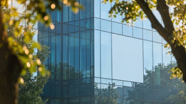 Modern glass building facade with green trees and sunlight in urban environment.