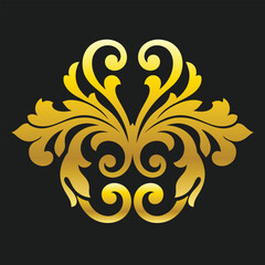 Gold Baroque fleur de lis scroll emblem, symmetrical royal crest ornament isolated on dark background. © mnsrlvx