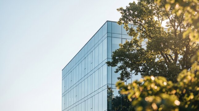 Modern Glass Building Facade with Green Trees and Clear Sky on a Sunny Day.