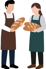 Obraz premium Two Shopkeepers in Aprons Arranging Fresh Homemade Bread Loaves Together Flat Vector Icon Illustration Minimal Character Design Art for Website and Print Media Projects detailed commercial stock