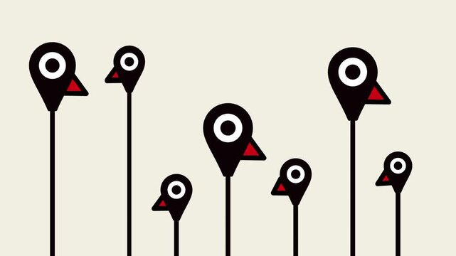 Warm beige background showing several black map pin markers of varying heights shaped like curious birds peeking upward at sky great for creative flat