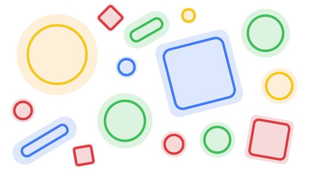 Assorted colorful geometric shapes including circles squares diamonds and rectangles are scattered loosely across a clean white backdrop great for