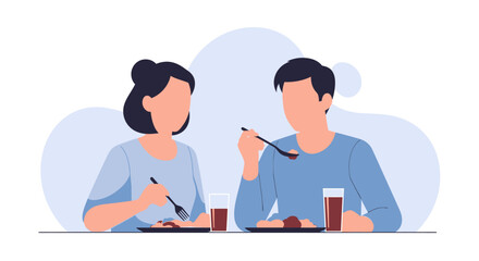 Fototapeta premium Woman eating meal with fork in vector flat art style