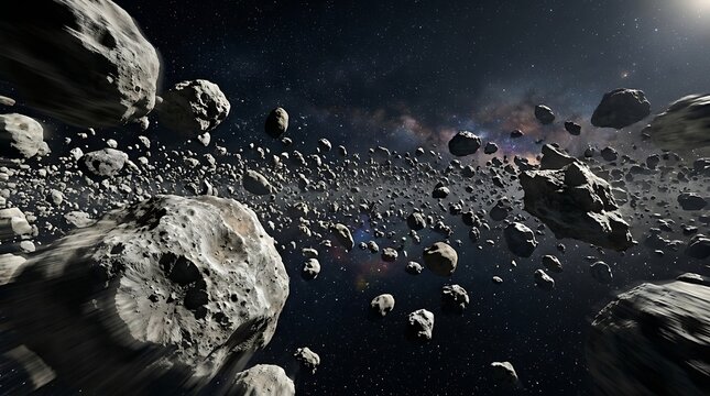 Many asteroids floating in deep space with rocks and debris field in the dark universe. astroid belt
