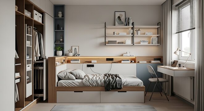 Modern teen bedroom interior with single bed and built-in wardrobe interior design wardrobe furniture bookcase apartment homework organizer