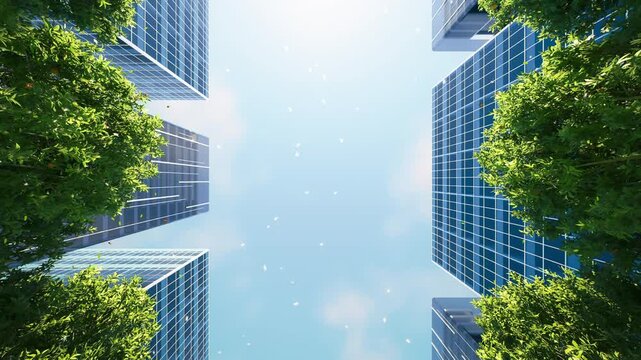 Modern city skyscrapers green leaves blowing wind clouds drift sunny sky background ideal music video visuals songs intro real estate property development corporate business presentation, 3d render.