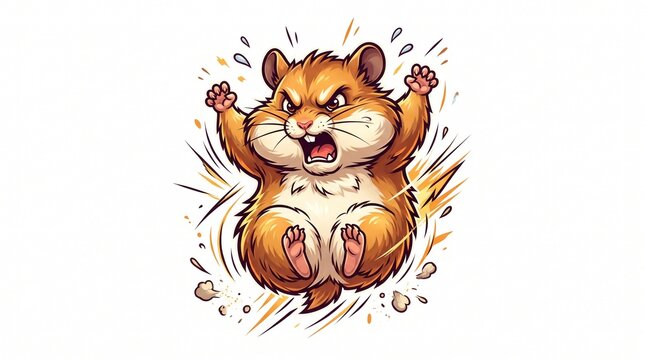Furious angry hamster with steam ears jumping in a rage, cartoon rodent character illustration