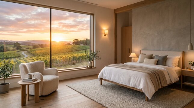 Modern minimalist bedroom with large window overlooking vineyard at golden sunset, plush cream armchair, cozy bed with neutral linens, warm interior, serene countryside view, contemporary home decor,
