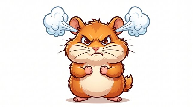 Angry hamster with steam clouds blowing from ears showing extreme frustration and rage as a funny cartoon illustration of a mad furry pet
