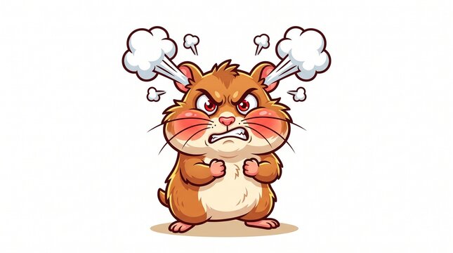 Angry cartoon hamster character blowing steam from ears on white background