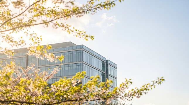 Modern office building with glass facade peeking through vibrant green spring foliage against a clear blue sky.