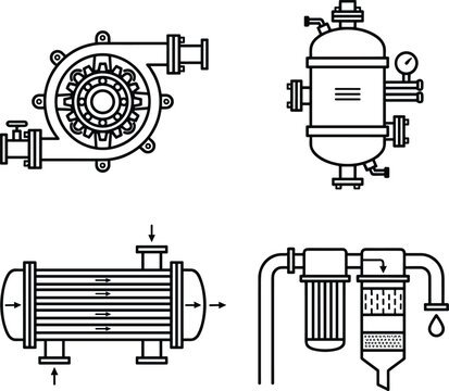 Industrial Mechanical Equipment Vector Icon Set Featuring Centrifugal Pump Pressure Vessel Shell and Tube Heat Exchanger and Piping Filtration SystemIndustrial Mechanical Equipment Vector Icon Set Fea