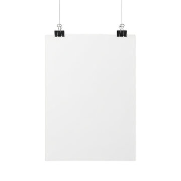 Blank white paper sheet with black metal binder clips isolated on transparent background
