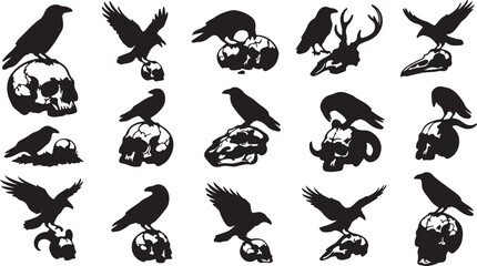 Naklejka premium Black crow and raven birds flying and perching in different poses