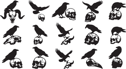 Naklejka premium Black crow and raven birds flying and perched with skulls vector set