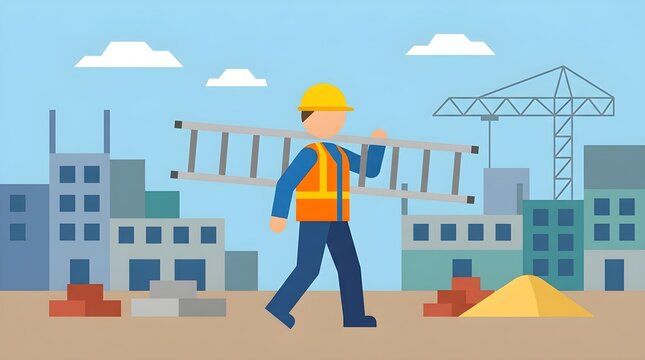 Flat vector illustration of a construction worker wearing a yellow hard hat and orange safety vest while carrying a long ladder at an urban construction site.