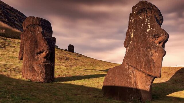 Moai Statues at Rano Raraku Quarry on the Volcanic Slopes of Easter Island, Rapa Nui, Chile. Time lapse video.