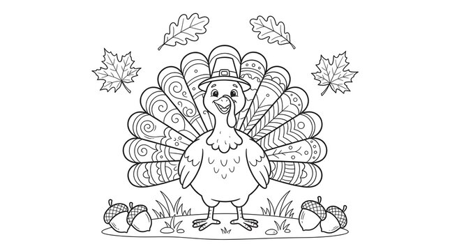 Thanksgiving turkey coloring page with intricate patterns on feathers, surrounded by autumn leaves and acorns