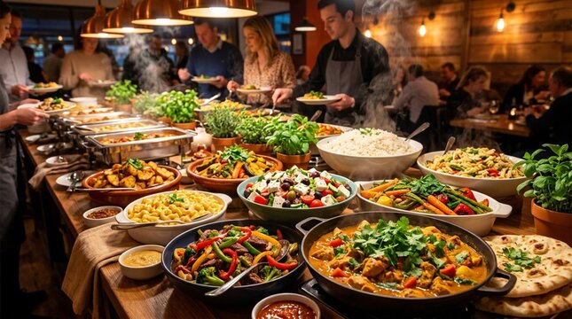 Abundant buffet table laden with steaming dishes, vibrant salads, roasted vegetables, fresh herbs, and flatbread in a warm rustic restaurant setting