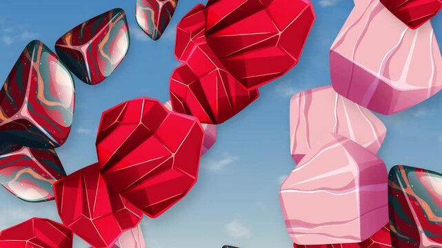 Abstract Red and Pink Geometric Objects Falling Through Blue Sky