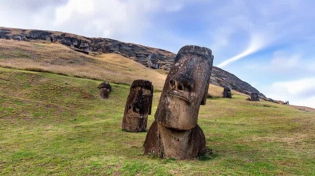 Moai Statues at Rano Raraku Quarry on the Volcanic Slopes of Easter Island, Rapa Nui, Chile. Time lapse video.