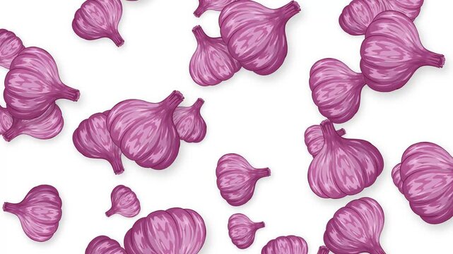 Falling Purple Garlic Bulbs Animation on White Background