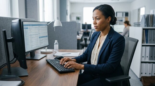 Focused African American female medical coder in navy business blazer typing on keyboard at wooden desk with dual monitors displaying patient data in modern hospital office
