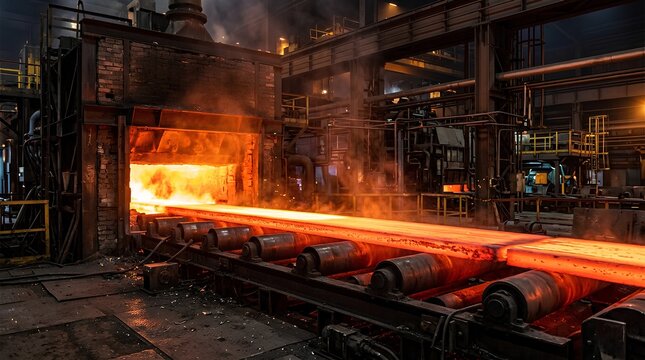 Glowing red-hot steel slabs emerging from industrial furnace exit onto roller conveyor system inside dimly lit steel mill with dramatic orange flames and smoke