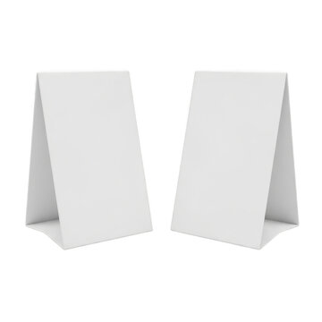 Two blank paper table tents for restaurant menu display isolated on transparent background