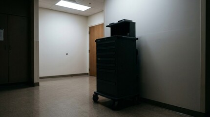 Anesthesia dispensing tower silhouette softly lit within a quiet med room corner © l1gend
