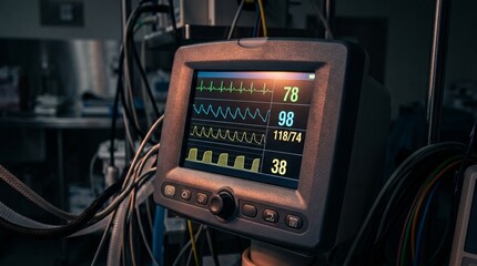 Anesthesia machine display glowing with vital sign waveforms in a dim operating room © l1gend
