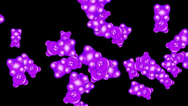 Purple Gummy Bear Candy Falling and Floating on Black Background