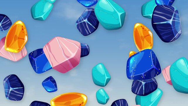 Colorful Stylized Gemstones and Crystals Falling Through a Clear Blue Sky