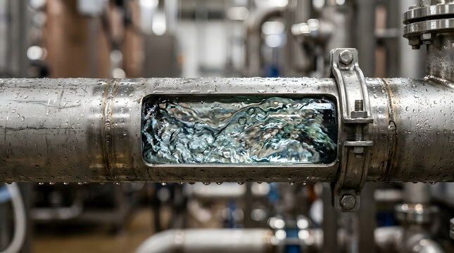 Industrial Metal Pipe with Water Flow in a Manufacturing Plant