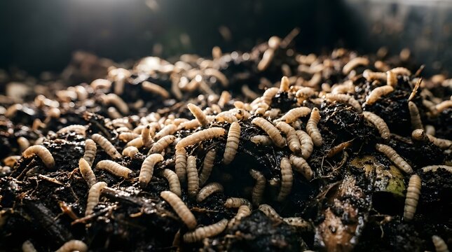 Massive swarm of composting maggots breaking down rich organic soil