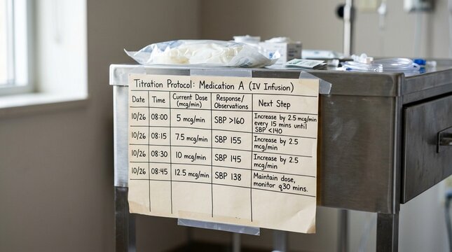 Sterile titration chart taped beside a supply cart showing incremental dosage steps