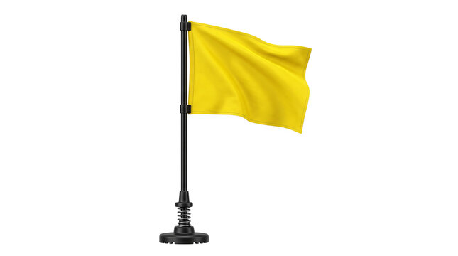 Yellow flag on black pole, vibrant waving fabric banner, blank yellow racing flag for sports and safety signaling isolated PNG with Transparent Background