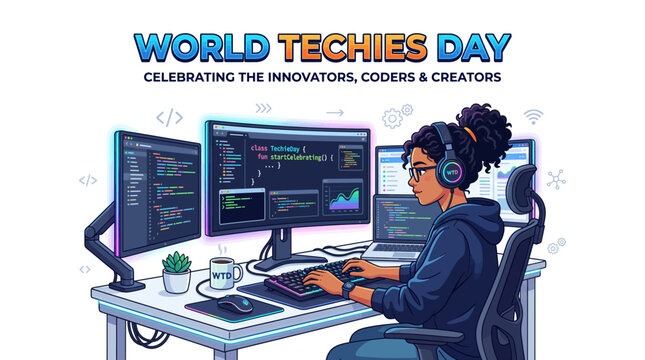 A person coding at a multi-monitor workstation celebrating World Techies Day, honoring innovators and creators.